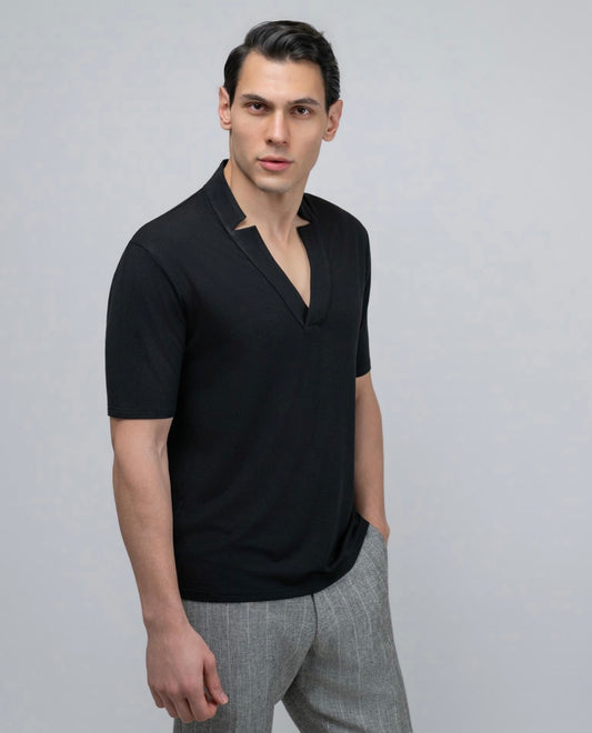 ΜΑΥΡΟ ΕΛΑΣΤΙΚΟ ΜΠΛΟΥΖΑΚΙ ΜΕ ΑΝΟΙΧΤΟ ΛΑΙΜΟ-DEZIGN